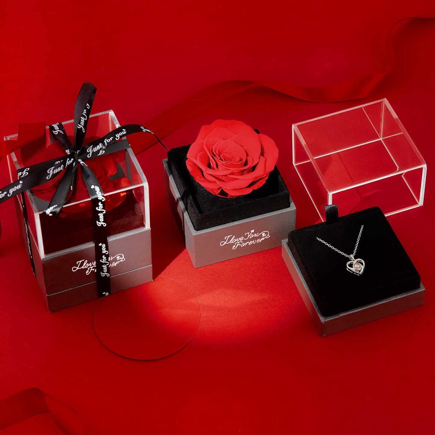 Beautiful Preserved Real Red Rose with I Love You Necklace 